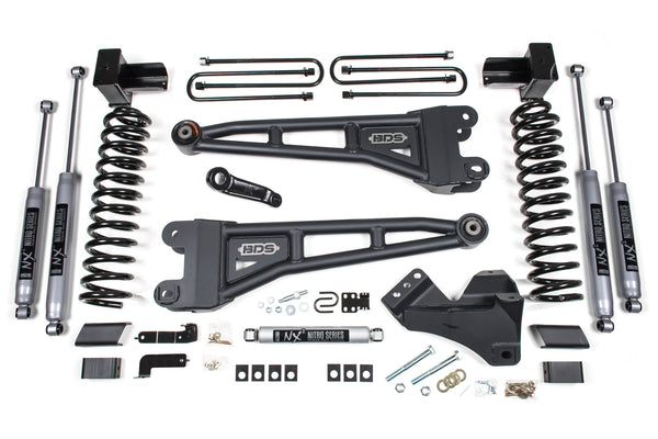 BDS 2023-2025 Ford F250/F350 4WD 5" Radius Arm Suspension Lift Kit, 3" Rear, Block, Diesel - NX2 Shocks - W/o Overload Springs 2242H