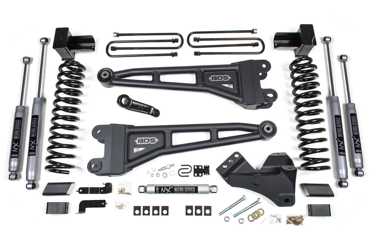 BDS 2023-2025 Fits Ford F250/F350 4WD 5" Radius Arm Suspension Lift Kit, 3" Rear, Block, Gas - NX2 Shocks - W/o Overload Springs 2243H