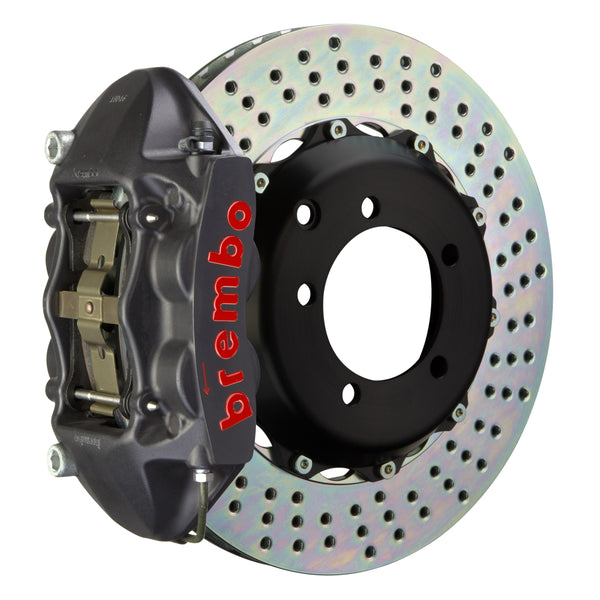 Brembo GT-S Rear Big Brake Kit, 4-Piston Black Hard Anodized Calipers, 328x28mm Drilled 2-Piece Rotors, Fits 2003-2006 Mitsubishi Lancer 2P1.6006AS
