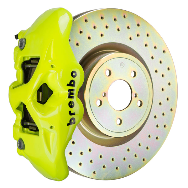 Brembo GT Front Big Brake Kit, 4-Piston Fluorescent Yellow Calipers, 326x30mm Drilled Rotors, Fits 2002-2014 Subaru Impreza, Legacy 1S4.6001A7