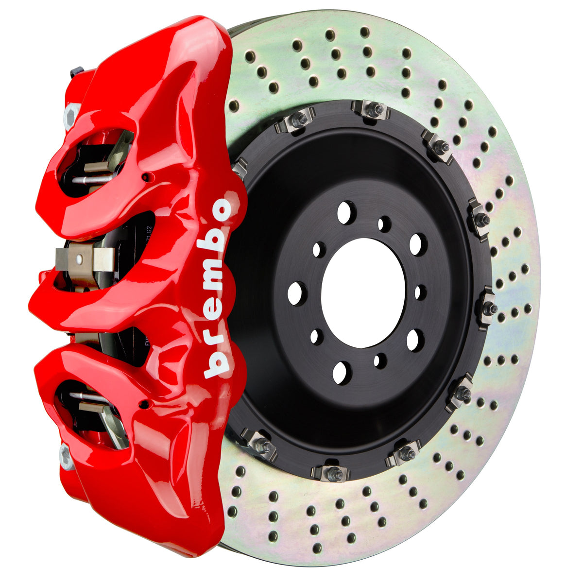 Brembo GT Front Big Brake Kit, 6-Piston Red Calipers, 405x34mm Drilled 2-Piece Rotors, Fits 2015-2023 Ford Mustang 1T1.9504A2