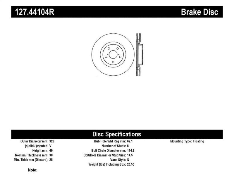 Stoptech Sport Drilled & Slotted Brake Rotor; Front Right 127.44104R