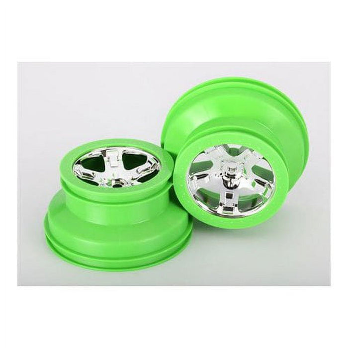 Traxxas 4Wd Front/2Wd Rear Sct Beadlock Style Dual Profile Wheels (2.2 Outer 3.0 Inner), Chrome/Green 6875