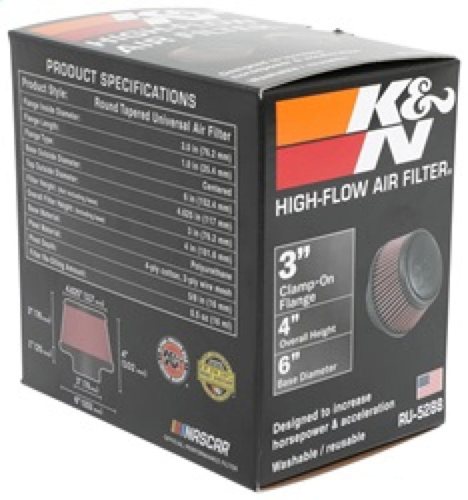 K&N Universal Clamp-On Air Filter: High Performance, Premium, Washable, Replacement Engine Filter: Flange Diameter: 3 In, Filter Height: 3 In, Flange Length: 1 In, Shape: Round Tapered, RU-5288