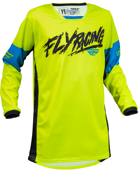 Fly Racing 2023 Kinetic Youth Khaos Jersey (Hi-Vis/Black/Cyan, Youth Medium)