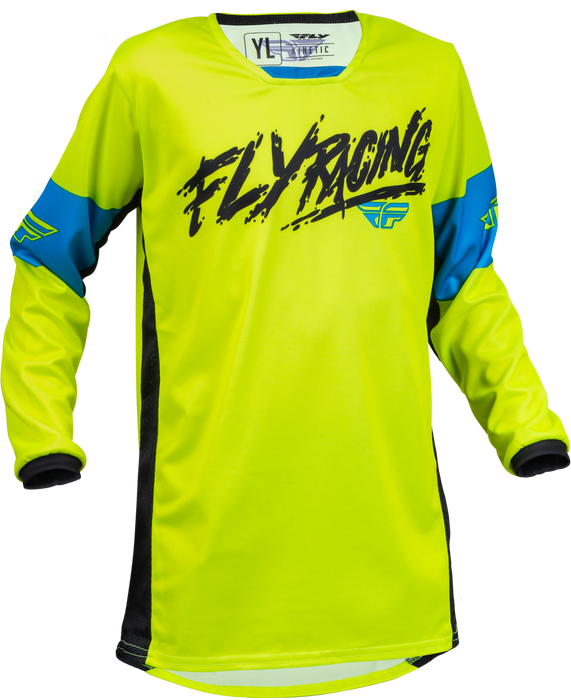 Fly Racing Youth Kinetic Khaos Jersey Hi-Vis/Black/Cyan Ym 376-422YM