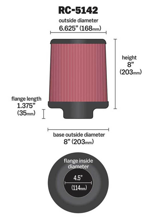 K&N Universal Clamp-On Air Intake Filter: High Performance, Premium, Washable, Replacement Filter: Flange Diameter: 4.5 In, Filter Height: 8 In, Flange Length: 1.375 In, Shape: Round Tapered, Rc-5142 RC-5142