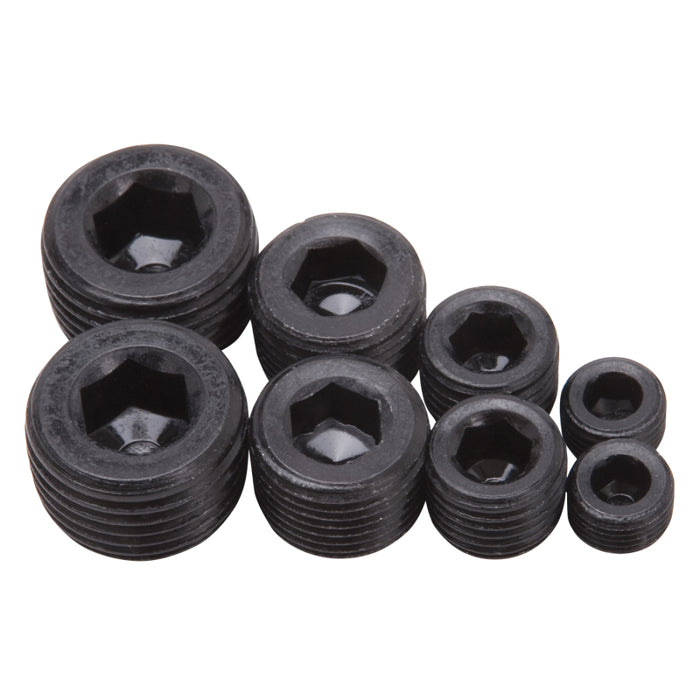 Edelbrock Fittings Pipe Plug Kit Internal Allen Head 1/8In 1/4In 3/8In 1/2In NPT Set of 8 Black 8051