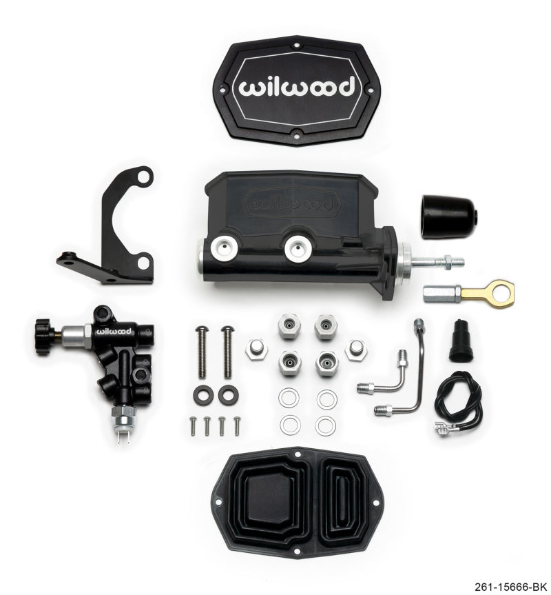 Wilwood Compact Tandem M/C 1.12in Bore w/RH Bracket and Valve (Mustang Pushrod) Black 261-15666-BK