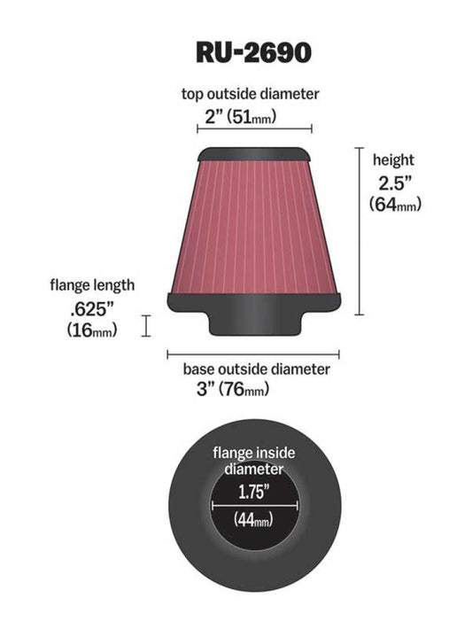 K&N Filter Universal Rubber Filter 1 3/4 inch Flange 3 inch Base 2 inch Top 2.5 inch Height RU-2690