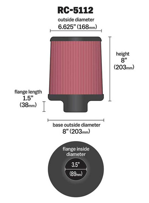 K&N Universal Clamp-On Air Intake Filter: High Performance, Premium, Washable, Replacement Filter: Flange Diameter: 3.5 In, Filter Height: 8 In, Flange Length: 1.5 In, Shape: Round Tapered, Rc-5112 RC-5112