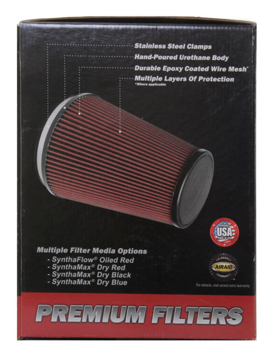Airaid 723-472 Universal Clamp-On Air Filter: Oval Tapered; 6 in (152 mm) Flange ID; 9 in (229 mm) Height; 10.75 in x 7.75 in (273 mm x 197 mm) Base; 7.25 in x 4.75 in (184 mm x121 mm) Top