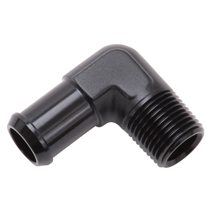 Edelbrock Hose End 90-Deg 1/2In NPT to 1/2In Barb Black Anodize 8180