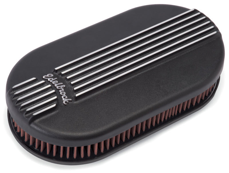 Edelbrock Air Cleaner Classic Series Oval Aluminum Top Cloth Element 17 5In X 9 35In X 3 9In Black 41153