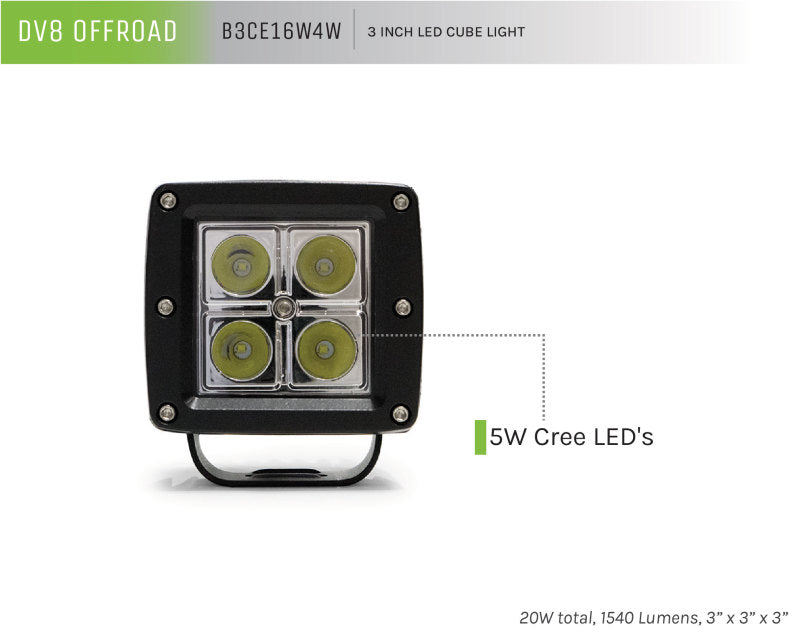 DV8 Offroad 3in Cube LED Light 20W Spot 5W LED Chrome B3CE16W4W