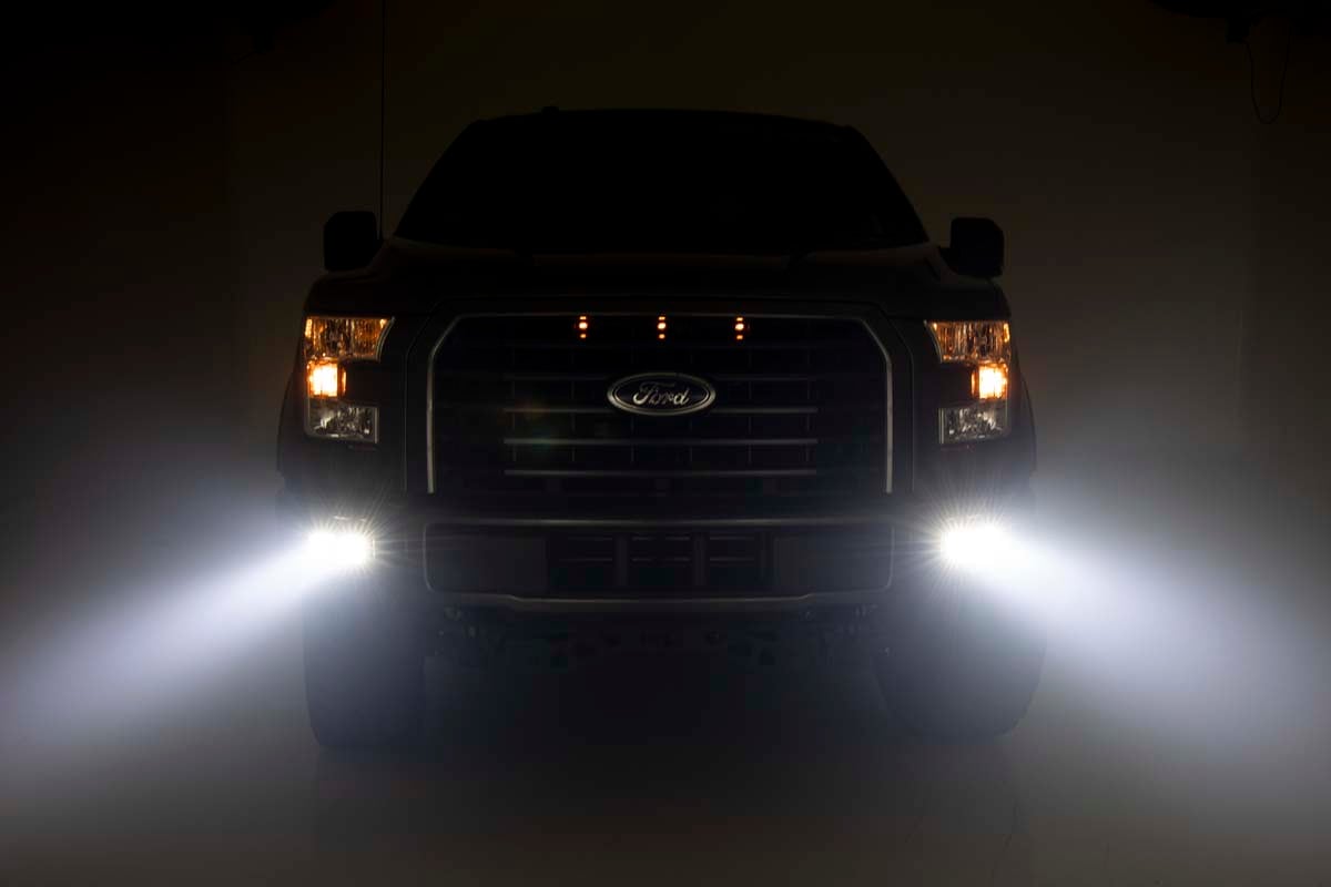 Rough Country Led Light Kit Fog Mount Dual 2" Black Pairs Flood Fits Ford F-150 (15-17) 70833
