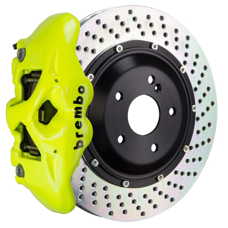 Brembo GT Front Big Brake Kit, 6-Piston Fluorescent Yellow Calipers, 380x34mm Drilled 2-Piece Rotors 1T1.9030A7