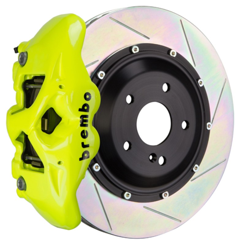 Brembo GT Front Big Brake Kit, 6-Piston Fluorescent Yellow Calipers, 380x34mm Type-1 Slotted 2-Piece Rotors, Fits 2018-2025 Tesla 3 1T2.9032A7