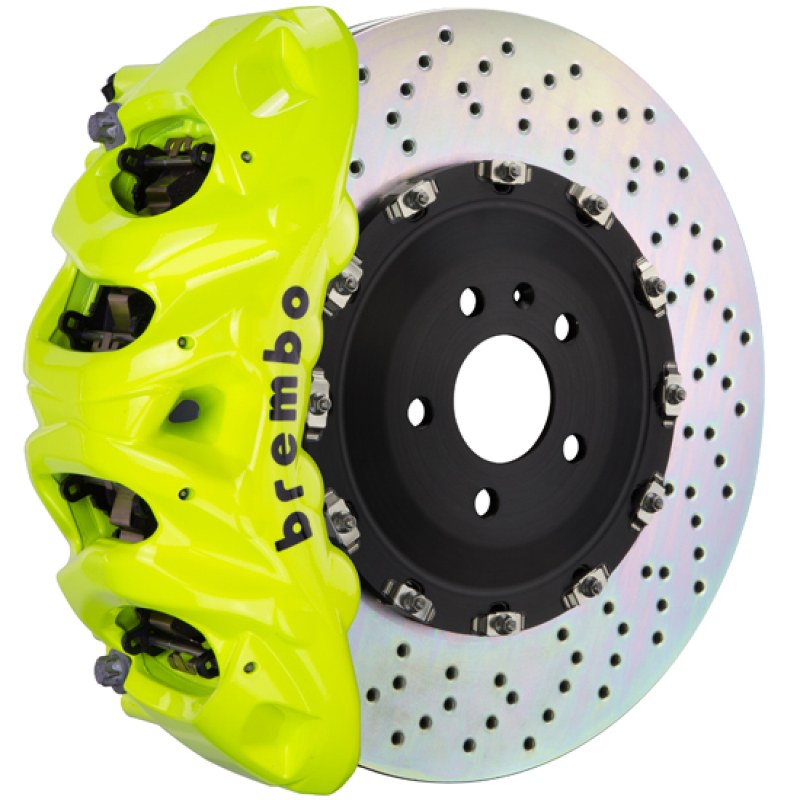 Brembo GT Front Big Brake Kit, 6-Piston Fluorescent Yellow Calipers, 405x34mm Drilled 2-Piece Rotors, Fits 2024-2025 BMW i5, 530i and more 1T1.9512A7