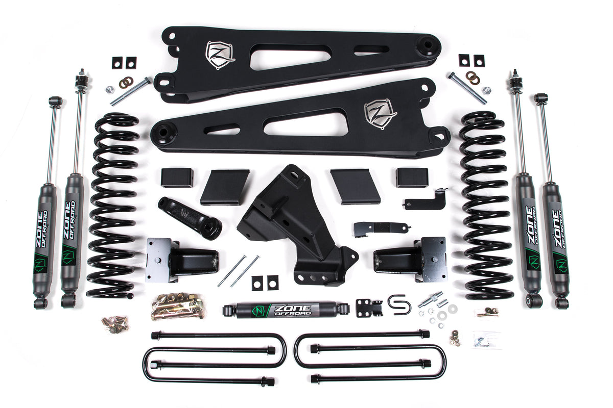 Zone 2023-2025 Ford F250/F350 4WD 5" Radius Arm Suspension Lift Kit, 3" Rear, Block, Gas, 3 Leaf Main Nitro Shocks F126N