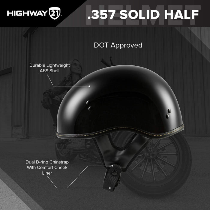 Highway 21 0.357 Motorcycle Half Helmet, Abs Shell Solid Safety Head Cover With Dual D-Ring Chin Strap, Black 77-1100X