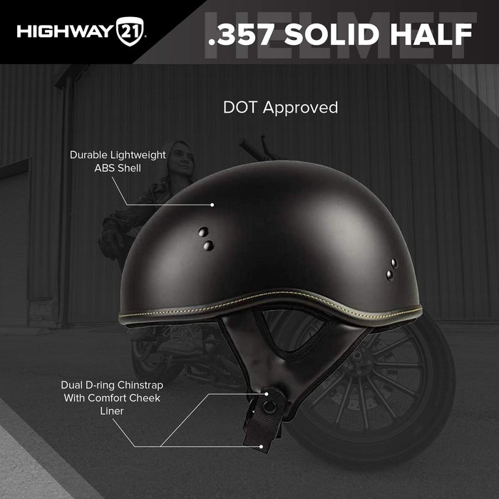 Highway 21 0.357 Motorcycle Half Helmet, Abs Shell Solid Safety Head Cover With Dual D-Ring Chin Strap, Black 77-11012X