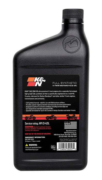 K&N Full Syntheteic Motorcylce/Atv Oil: 20W-50 Synthetic Oil: Premium Engine Protection, 1 Qt 108063