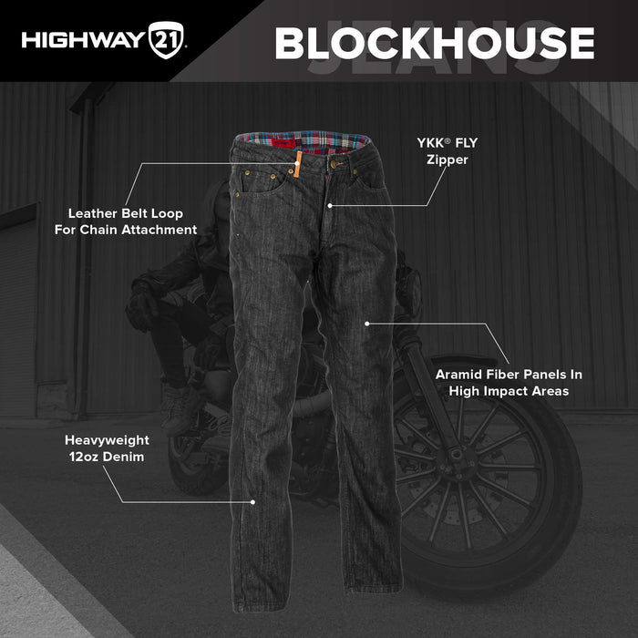 Highway 21 Blockhouse Jeans, Protective Straight-Leg Motorcycle Riding Jeans For Men With Knee- And Hip-Armor Pockets Black 489-13638T