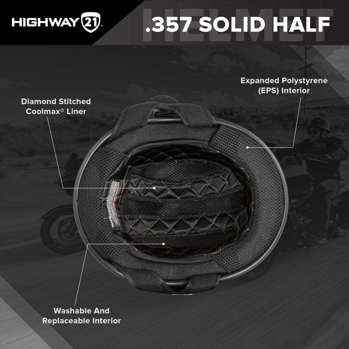 Highway 21 0.357 Motorcycle Half Helmet, Abs Shell Solid Safety Head Cover With Dual D-Ring Chin Strap, Black 77-1100M