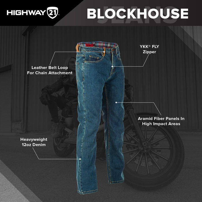 Highway 21 Blockhouse Jeans, Protective Straight-Leg Motorcycle Riding Jeans For Men With Knee- And Hip-Armor Pockets Oxford Blue 489-13738T
