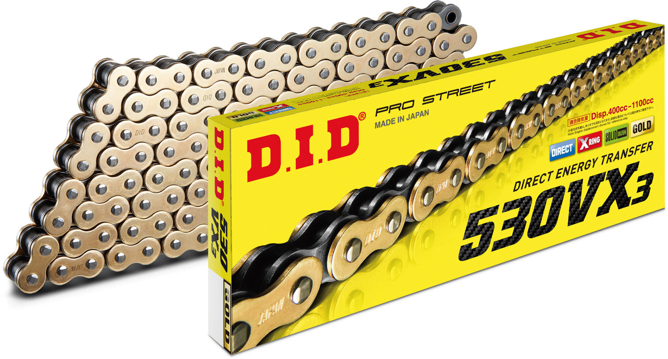 D.I.D. Did 530 Vx3 Series X-Ring Chain 130 Links Gold With Rivet Master Link 530VX3G130ZB